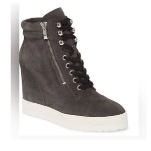 Paige Grey Suede Sneaker Wedge ..laces w/side zippers Size 9